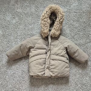 Zara Green Puffer Jacket with Faux Fur Hood